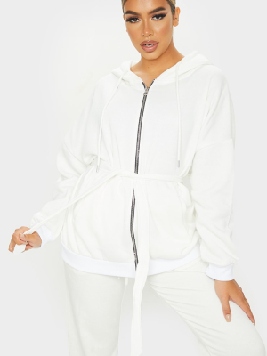 Cream Oversized Longline Zip Belted Hoodie Jacket