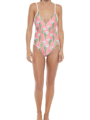 Cactus Deep V One Piece Swimsuit - Pink Cactus Print