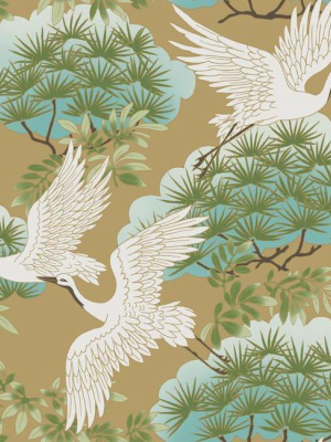 Sprig & Heron Wallpaper In Gold From The Tea Garden Collection By Ronald Redding For York Wallcoverings