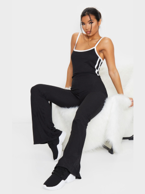 Black Rib Sport Stripe Flare Leg Jumpsuit