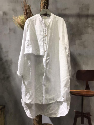 Plus Size - Stand Collar Long Sleeve Splicing Linen Shirt