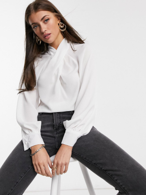 Asos Design Long Sleeve Top With Twist Neck Detail In Ivory
