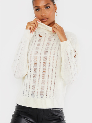 Cream Distressed Roll Neck Knitted Sweater