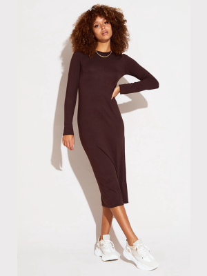 Chocolate Scoop Neck Jersey Long Sleeve Midi Dress