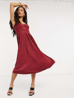 Asos Design Premium Cami Pleated Midi Dress With Ladder Trim Detail In Oxblood