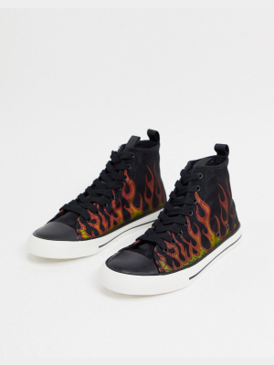 Asos Design Sneakers In Black With Flame Print