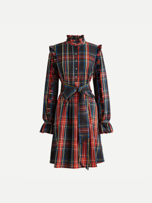 Belted Ruffle Dress In Black Stewart Tartan