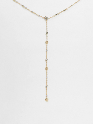 Asos Design Long Lariat Necklace With Crystals And Hammered Discs In Gold Tone