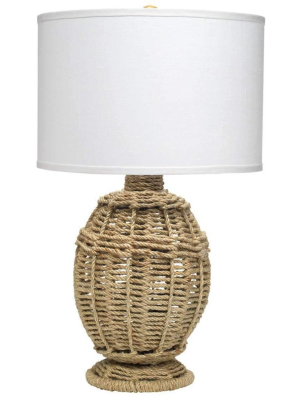 Jute Urn Table Lamp, Small In Rope With Medium Drum Shade In White Linen