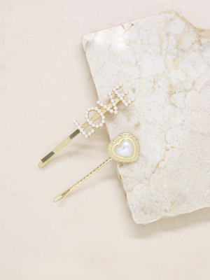 Pearl & Gold Love Heart Hair Pin Set