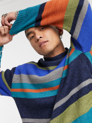 Asos Design Knitted Oversized Sweater In Green And Navy Stripe