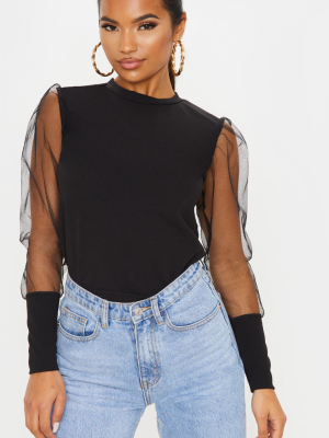 Black Fitted Mesh Sleeve Top