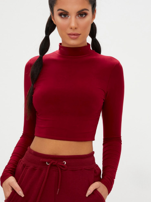 Maroon Slinky High Neck Longleeve Crop Top