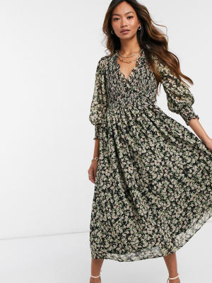 Asos Design Shirred Midi Dress In Ditsy Floral Print