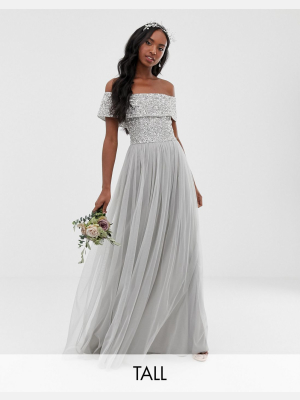 Maya Tall Bridesmaid Bardot Maxi Tulle Dress With Tonal Delicate Sequins In Silver