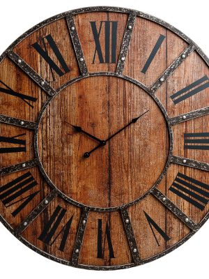 30" Rustic Wood Plank And Metal Frameless Farmhouse Wall Clock Brown - Patton Wall Decor
