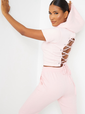 Pink Lace Up Back Crop Short Sleeve Hoodie