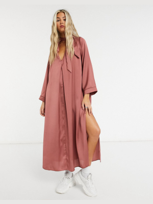 Asos Design Modern 70's Trapeze Midi Dress In Satin Twill