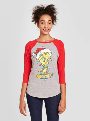 Women's Looney Tunes Tweety Bird Christmas 3/4 Raglan Sleeve Graphic T-shirt - Heather Gray