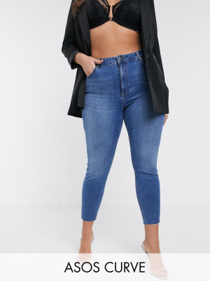 Asos Design Curve High Rise Ridley 'skinny' Jeans In Mid Wash Blue