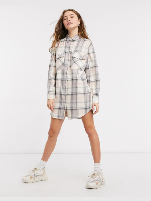 Asos Design Button Up Mini Shirt Dress In White Plaid