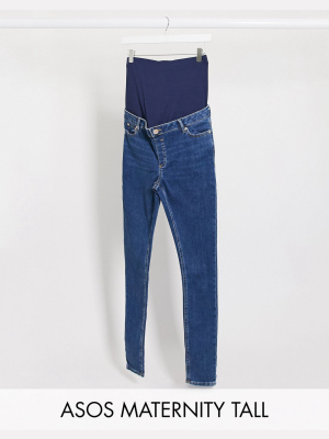 Asos Design Maternity Tall High Rise Ridley 'skinny' Jeans In Bright Midwash Blue With Over Bump Waistband