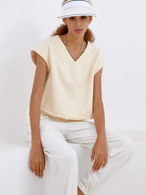 Beige Relaxed V-neck T-shirt