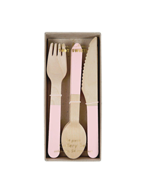 Pink Wooden Cutlery Set (x 24)