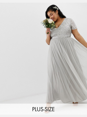 Maya Plus Bridesmaid V Neck Maxi Tulle Dress With Tonal Delicate Sequins In Silver