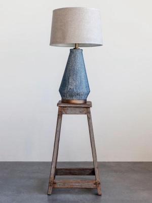 Blue Ceramic Table Lamp With Natural Linen Shade