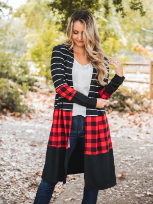 Cooper Cardigan - Black Stripe/red Plaid