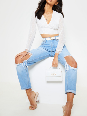 White Dobby Mesh Plunge Long Sleeve Crop Top