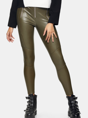 Khaki Faux Leather Biker Leggings