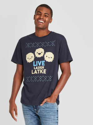 Men's Hanukkah Live Laugh Latke Ugly Christmas Short Sleeve Graphic T-shirt - Navy