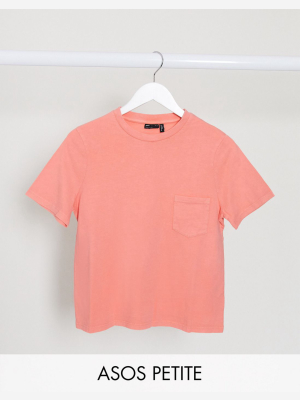 Asos Design Petite T-shirt With Pocket In Washed Coral