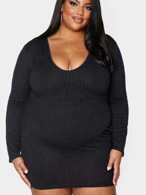 Plus Black Ribbed Plunge Long Sleeve Bodycon Dress