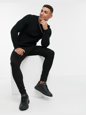 Asos Design Muscle Fit Waffle Knit Sweater In Black
