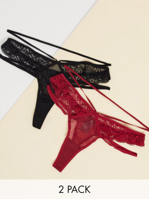 Asos Design 2 Pack Strappy Lace & Mesh Thong