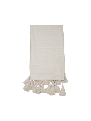 White Hand Woven 50 X 60 Inch Cotton Throw Blanket With Hand Embroidered Chenille Knots And Hand Tied Tassels - Foreside Home & Garden