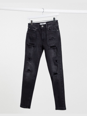 Bershka Slim Fit Jeans In Black With Rips
