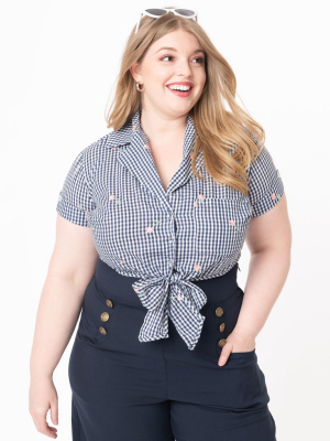 Unique Vintage Plus Size Navy Gingham & Pink Florals Shirley Crop Top