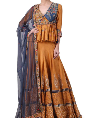 Embroidered Angarakha Blouse, Lehenga & Dupatta Set