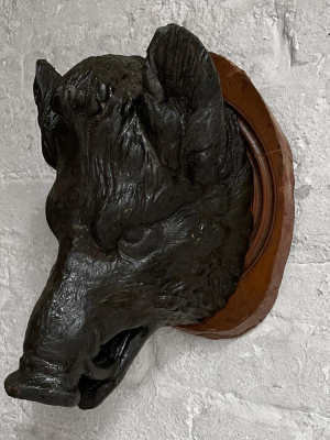 Antique Black Forest Carved Black Boar Head