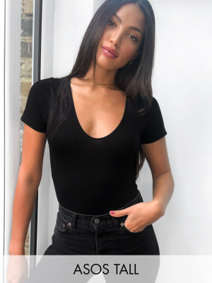 Asos Design Tall Scoop Front T-shirt Bodysuit In Black