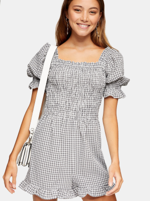 Black And White Shirred Gingham Romper