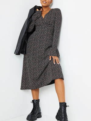 Black Ditsy Print Flare Sleeve Wrap Maxi Dress