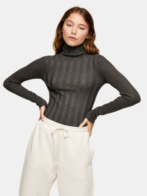 Charcoal Gray Mixed Ribbed Roll Neck Sweater