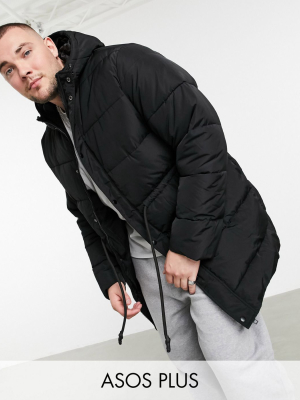 Asos Design Plus Puffer Jacket With Drawcord Waist In Black