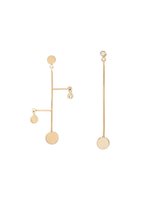 14k Mismatched Gold Disc And Diamond Mobile Earrings