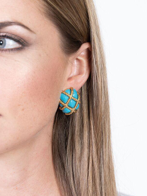 Gold Trim Turquoise Quilted Clip Earrings